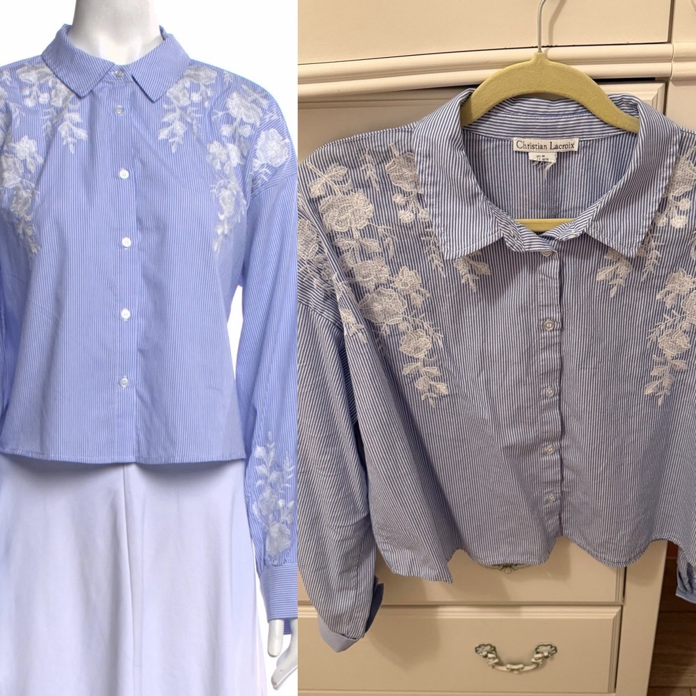 Vintage Christian Lacroix Blue & White Striped Embroidered Button Down Blouse